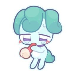 and blue_body blue_hair blush bodily_fluids catch!_teenieping elf fantasy fellatio female fur genitals hair hi_res humaki multicolored_body multicolored_fur oral oral_vore penile penis purple_eyes sex sighping sweat tears unknown_species vore white
