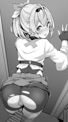 1boy ass bike_shorts blush censored clothes_lift female fingerless_gloves gloves hair_ornament hololive hololive_japan holox indoors japanese_clothes kazama_iroha kazama_iroha_(1st_costume) leaf_hair_ornament long_hair looking_at_viewer looking_back male monochrome mosaic_censoring mp150_plus paid_reward_available pleated_skirt ponytail pussy shorts skirt skirt_lift tongue tongue_out torn_bike_shorts torn_clothes torn_shorts virtual_youtuber