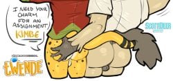 2025 absurd_res anthro ass backsack balls big_butt black_spots boss_(twende) bottomless brown_body brown_fur bubble butt_focus butt_grab butt_shot butt_squeeze cheetah clothed clothing dialogue duo english_text entwined_tails felid feline fur genitals hand_on_butt hi_res hyena jacket kimbe_(twende) ledange long_tail male male/male mammal markings mature_male raised_arm raised_tail rear_view shirt simple_background size_difference spots spotted_body spotted_fur squeezing tail tail_around_partner tail_coil tan_body tan_fur text topwear twende_(series) watermark white_background yellow_body yellow_fur