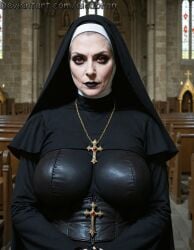 ai_generated aicabron busty cathedral church cleavage demonic devil dominatrix dominatrix evil glowing_eyes goth leather mature milf nun red_eyes