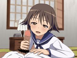 animated brown_eyes brown_hair censored clothing flat_chest handjob miyafuji_yoshika penis pubic_hair school_uniform short_hair strike_witches