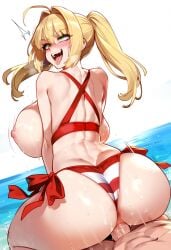 1boy 1girls ai_generated ass beach big_breasts blonde_hair breasts fate/grand_order fate_(series) female female_focus green_eyes hips huge_breasts huge_cock large_breasts light-skinned_female looking_pleasured male navel nero_claudius_(fate) nero_claudius_(swimsuit_caster) sex thick_thighs thighs twintails vaginal_sex wide_hips