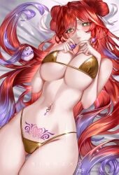 1girls artist_name ass_visible_through_thighs bare_arms bed bikini blush breasts breasts_squeezed_together cleavage colored_tips double_bun earrings elle_(vtuber) female female female_only fingernails four-finger_heart_hands glint gold_bikini hair_bun hair_intakes heart heart-shaped_pupils heart_hands highres indie_virtual_youtuber jewelry large_breasts linea_alba long_fingernails long_hair looking_at_viewer lying multicolored_hair nail_polish navel navel_piercing on_back on_bed parted_lips piercing pubic_tattoo purple_hair purple_nails red_hair ringeko-chan solo stomach swimsuit symbol-shaped_pupils tattoo thigh_gap thighs twitter_strip_game twitter_strip_game_(meme) underboob virtual_youtuber yellow_eyes
