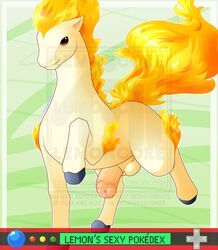 1boy all_fours annoying_watermark balls barefoot english_text feral fire hooves horsecock lemoncore looking_at_viewer male male_only male_ponyta nintendo nude penis pokémon_(species) pokemon pony ponyta raised_leg smile solo standing text video_games