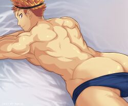 1boy 2021 arms_up ass ass_bigger_than_head ass_cleavage back_muscles back_view beefy biceps bubble_ass bubble_butt completely_nude dat_ass dated gay headband hi_res inviting looking_at_viewer looking_back lying lying_on_bed lying_on_stomach male male_only manly mature_male muscles muscular muscular_arms muscular_ass muscular_back muscular_male muscular_neck no_body_hair nude orange_hair original original_character red_eyes robronx35498_(pixivid=35498) seductive short_hair smile solo spiky_hair swim_briefs swimsuit underwear_down yaoi