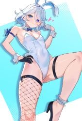 1girls blue_eyes blue_hair bow bowtie breasts bunny_tail bunnysuit female female_only fishnet_legwear fishnets furina_(genshin_impact) genshin_impact gloves heels heterochromia hoyoverse kadokadokado14 light-skinned_female light_skin mihoyo rabbit_ears ribbon small_breasts thigh_strap two_tone_hair white_bunnysuit white_hair