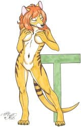 2025 anthro breasts brown_body brown_fur claws closed_eyes covering covering_breasts dasyuromorph female front_view fur genitals hair mammal marsupial pouch_(anatomy) pussy recently_extinct_species red_hair signature simple_background solo standing striped_body striped_fur stripes terrie_smith text thylacine white_background white_body white_fur yellow_body yellow_fur