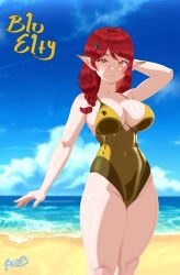 1girls 2d 2d_(artwork) alternate_costume alternate_version_at_source alternate_version_available anime_onegai beach big_breasts blu_elfy blush clouds day elf_ears elf_female elf_girl fanart fanart_from_twitter female female_focus female_only genis_brunel golden_swimsuit high_resolution highres latam_virtual_youtuber light-skinned_female light_skin looking_at_viewer mature mature_female neo_dengeki ocean one_piece_swimsuit outdoors pointy_ears red_hair sand short_hair sky smiling smiling_at_viewer solo solo_female solo_focus standing summer swimsuit virtual_youtuber vtuber vtuberfanart water yellow_eyes