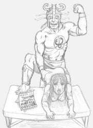 1girls 2d against_table ass bent_over_table breasts crossover english_text facepaint female korblborp male monochrome multi_pupil mumm-ra mummy mummy_wrappings nipples on_table open_mouth pleasure_face princess_ahmanet sex sketch straight text the_mummy_(2017) the_mummy_(franchise) thundercats