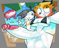 1boy 1futa balls blonde_hair breasts clothed clothing crossdressing derpina erection fantasizing futanari huge_breasts huge_cock humanoid humanoid_penis hyper_penis intersex lottieplus male mostly_nude penis prostate rage_comics short_hair size_difference standing sweat thick_thighs twink wide_hips