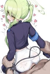 1boy anus armband ass black_tail blue_archive blue_armband censored demon_tail female green_hair green_halo halo heart highres looking_at_viewer male no_pants nozomi_(blue_archive) oerba_yun_fang open_mouth pantyhose pointy_ears rainbow_gorein sex sex_from_behind skin_fang smile solo_focus standing standing_sex straight tail tail_wrap train_conductor vaginal_penetration white_background white_pantyhose young
