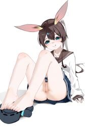 :q absurdres amiya_(arknights) animal_ears arknights ass bare_legs barefoot blouse blue_eyes blush brown_hair brown_sailor_collar character_doll chinese_commentary cleft_of_venus closed_mouth commentary doctor_(arknights) feet female full_body hair_between_eyes highres legs long_hair no_panties ponytail pussy sailor_collar shenmi_de_xigua shirt simple_background sitting sleeves_past_fingers sleeves_past_wrists smile solo toenails toes tongue tongue_out uncensored variant_set white_background white_shirt