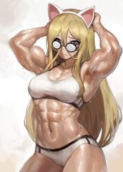 1girls abs athletic athletic_female belly_button blonde_hair bra brown_eyes cat_ears eight_pack fit fit_female girls_und_panzer glasses long_hair looking_at_viewer medium_breasts muscle_girl muscular muscular_arms muscular_female navel nekonyaa sports_bra sweat underwear yilx