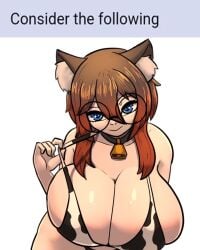 black_hair cow_bikini cow_print cowbell cowbell_collar cowgirl glasses huge_breasts indie_virtual_youtuber kasizil large_breasts leaning_forward meme round_glasses short_hair teasing teasing_viewer vtuber