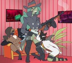 anthro bodily_fluids breasts cementovercoat clothed clothing cum cum_in_pussy cum_inside cumshot cunnilingus death ejaculation erection facial_scar female female_death fish genital_fluids genitals gore group gun gunshot_wound handgun headshot hi_res hitwoman legwear mafia male male/female male_death marine no_underwear nude nude_female nude_male oral pattern_clothing pattern_legwear penis pistol pussy ranged_weapon scar sex shark shooting striped_clothing striped_legwear stripes submachine_gun thompson_gun tongue tongue_out trio vaginal_penetration weapon