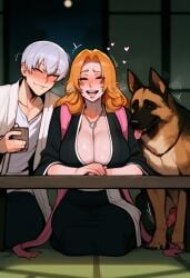1girls 2boys animal_genitalia bleach blush breasts canine cheating cleavage couple dog_penis drinking drunk ichimaru_gin implied_cheating implied_netorare interspecies kimono knotted_penis large_breasts laugh matsumoto_rangiku mature_female mole mole_under_mouth netorare ntr rangiku_matsumoto sweat yumerush zoophilia