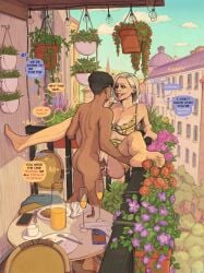 1boy 1girls 2d 2d_(artwork) age_difference balcony big_penis blonde_female blonde_hair blonde_hair_female breakfast caressing_face caucasian_female cum_in_pussy cum_inside dark-skinned_male dialogue female fit_male flower food gagan_stuart glasses glasses_on_head guiltymerchant hairy hairy_male huge_cock interracial interracial_sex large_penis light-skinned_female lingerie male milf missionary_position muscular muscular_male older_female orange_juice original_character original_characters paris public_sex rebecca_richardson risky_sex sex sex_on_balcony smartphone standing_missionary straight tagme teenager vacation vaginal_penetration vaginal_sex younger_male