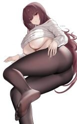 absurdres ass bare_shoulders blush breasts brown_pantyhose fate/grand_order fate_(series) female highres huge_breasts ilsksh legs long_hair long_sleeves looking_at_viewer lying no_bra off-shoulder_sweater off_shoulder pantyhose purple_hair red_eyes scathach_(fate) simple_background solo sweater underboob white_background white_sweater
