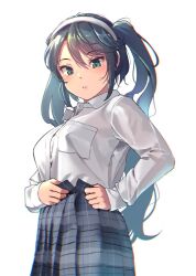 1girls blue_hair bra breasts chromatic_aberration commentary_request dress_shirt dressing female from_below green_eyes hairband isuzu_(kancolle) kantai_collection long_hair long_sleeves looking_at_viewer medium_breasts open_fly parted_lips plaid_clothes plaid_skirt pleated_skirt satsuki_neko see-through_clothes shirt simple_background skirt sleeves_past_wrists solo standing twintails underwear white_background