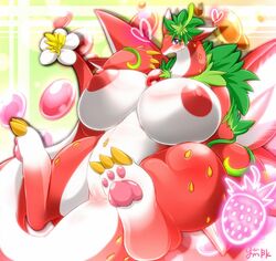 big_breasts blush breasts chubby claws dragon female flora_fauna heart huge_breasts mammal nipples pawpads paws pussy puzzle_&_dragons red_body red_sky_fruit_strawberry_dragon solo toe_claws video_games white_body wings ymbk