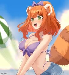 1girls 2d 2d_(artwork) alternate_costume animal_ears animal_tail anime_onegai ball beach beach_background beach_ball bikini bikini_bottom bikini_top blush breasts clouds covered_breasts day fanart fanart_from_twitter female female_focus female_only green_eyes happy happy_female high_resolution highres latam_virtual_youtuber light-skinned_female light_skin looking_at_object medium_breasts minishorts mole mole_under_eye neo_dengeki ocean open_mouth orange_hair outdoors ponytail purple_bikini purple_bikini_bottom purple_bikini_top ribbon ribbon_in_hair sand sara_akari short_hair sky slim_girl solo solo_female solo_focus standing summer swimsuit tanuki_ears tanuki_girl tanuki_tail tate_mumi two_piece_swimsuit virtual_youtuber vtuber vtuberfanart water young younger_female