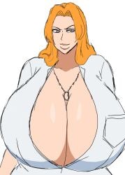 1girls 2d 2d_(artwork) alternate_body_type alternate_breast_size beauty_mark beauty_mark_under_mouth big_breasts bleach blue_eyes blue_eyes_female breasts breasts_bigger_than_head busty busty_female busty_girl chain_necklace chains curvy curvy_body curvy_female curvy_figure digital_drawing_(artwork) digital_media_(artwork) female female_focus female_only huge_breasts inner_sideboob kissable_lips large_breasts lips long_hair long_hair_female matsumoto_rangiku mature mature_woman mole molestation momiji_(artist) necklace orange_hair orange_hair_female pleasure_face simple_background solo solo_female solo_focus thick_lips upper_body white_background