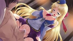 1boy 1girls areolae blonde_hair blue_eyes blush breasts censored clothed_female_nude_male cowgirl_position cum cum_in_pussy cum_inside faceless_male gemini_seed large_breasts long_hair looking_at_partner nipples open_mouth partially_clothed pleasured_female sex straddling torn_legwear vaginal_penetration vaginal_sex