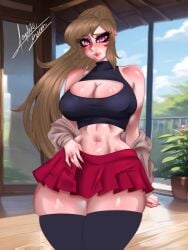 big_breasts blush brown_hair cleavage long_hair miniskirt original_character pink_eyes ponytail skirt sophie_queen11 thick_thighs thighhighs