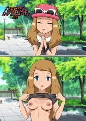 before_and_after blonde_hair brainwashing breasts defeated empty_eyes exposed_chest expressionless female femsub hat hypnosis hypnotic_eyes instant_loss long_hair mind_control nintendo nipples pokemon pokemon_x_and_y raiha serena shirt_lift undressing