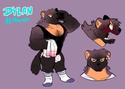 anthro barazoku blush body_hair bulge chest_hair clothing dylan_(purplecider) ear_piercing ear_ring electronics facial_hair footwear gulonine hi_res jockstrap male mammal marten model_sheet mustelid musteline phone piercing purplecider ring_piercing shirt simple_background socks solo tank_top topwear towel underwear