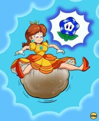 1girls blue_eyes brown_hair diaper embarrassed female fully_clothed hyrosdiaperdivas light_skin mario_(series) messy_diaper princess_daisy scat scat shit shit shitting simple_background soiling soiling_diaper super_mario_bros. super_mario_bros._wonder wonder_flower