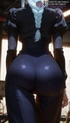 1girls ai_generated ass ass_focus black_dress black_nails black_shirt blurry blurry_background braid braided_ponytail dress facing_away female from_behind grey_hair high-waist_pants indoors jujutsu_kaisen juliet_sleeves long_hair long_sleeves mei_mei_(jujutsu_kaisen) meitabuu nail_polish pants pantylines patreon_username puffy_sleeves shirt skin_tight solo thigh_gap tight_clothes tight_pants white_hair