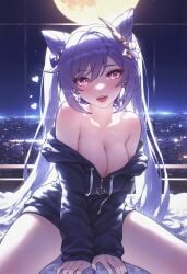 :d absurd_res ai_generated alternate_costume arm_support armpit_crease arms_between_legs backlighting bare_shoulders between_legs black_hoodie black_jacket blue_bow blush bow braid breasts building city city_lights cityscape cleavage collarbone cone_hair_bun cowboy_shot diamond-shaped_pupils diamond_(shape) double_bun drawstring drop_earrings earrings eyeshadow fangs female fingernails flower full_moon genshin_impact hair_between_eyes hair_bun hair_ears hair_flower hair_ornament hairbow hairclip hand_between_legs head_tilt heart heart-shaped_pupils heart_earrings hood hood_down hooded_jacket hoodie indoors jacket jewelry keqing_(genshin_impact) large_breasts long_fingernails long_hair long_sleeves looking_at_viewer makeup medium_breasts ministro moon moonlight nail_polish naked_hoodie naked_jacket neck_tassel night night_sky no_bra no_pants off_shoulder on_bed open_mouth partially_unzipped pink_eyes purple_bow purple_eyes purple_hair purple_hoodie purple_jacket purple_nails sidelocks sitting sky skyline sleeves_past_wrists smile solo spread_legs star_(sky) sweater swept_bangs symbol-shaped_pupils teeth thighs tongue twintails upper_teeth_only v_arms very_long_hair window zipper zipper_pull_tab