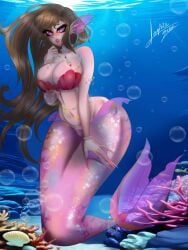 big_breasts brown_hair cleavage fingernails fish_ear long_hair long_nails mermaid mermaid_girl mermaid_tail necklace ocean ocean_background original_character pink_eyes seashell seashell_bra smile sophie_queen11 thick_mermaid_hips