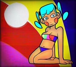 1girls :| accurate_art_style anime anime_girl artstyle_imitation ass beach bikini_bottom bikini_top blue_hair breasts cartoon cartoony clairederuru cute cute_face cyan_eyes cyan_hair eyes female flat_colors flavor_foley hatsune_miku hatsune_miku_(static) human humanoid kneeling legs medium_breasts reclining static_(flavor_foley) tan_body television television_screen tubetop twintails vocaloid