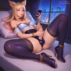1futa ahri ai_generated bedroom futanari futanari_masturbation k/da_ahri k/da_series league_of_legends looking_at_phone masturbation on_back pasart solo solo_futa