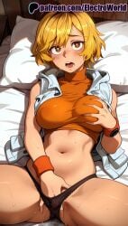 1girls 2025 ai_female ai_generated artist_name bed bed_sheet black_panties blonde_hair blush breasts bust chest electroworld female futon grabbing_own_breast hand_in_panties head_on_pillow heather_mason hi_res high_quality high_resolution highres laying_down legs_apart legs_spread lying lying_on_back masturbation navel on_back on_bed open_legs open_mouth orange_eyes orange_jacket orange_shirt panties patreon patreon_username pillow pussy_juice self_fondle short_hair silent_hill silent_hill_3 solo splayed_legs spread_legs stable_diffusion sweat underwear watermark