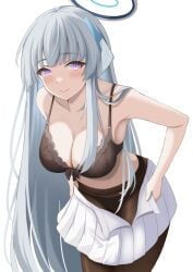 1girls black_bra black_panties black_pantyhose blue_archive blunt_bangs blush bow bow_bra bra breasts cleavage closed_mouth collarbone commentary hair_over_shoulder halo highres large_breasts leaning_forward long_hair looking_at_viewer mechanical_halo mokkon_doru noa_(blue_archive) panties panties_under_pantyhose pantyhose pleated_skirt purple_eyes simple_background skirt smile solo standing underwear undressing very_long_hair white_background white_skirt