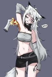 absurdres ahoge animal_ears arknights arm_up armpits black_shorts breasts cleavage disembodied_hand female food food_on_body green_background grey_arm_warmers grey_hair grey_tube_top highres holding holding_food holding_pizza lappland_(arknights) long_hair long_sleeves looking_at_another medium_breasts messy_hair navel one_eye_closed pepperoni pepperoni_pizza pizza purple_eyes short_shorts shorts simple_background smile solo speech_bubble strapless tail tofusquisha tube_top variant_set very_long_hair white_eyes wolf_ears wolf_girl wolf_tail