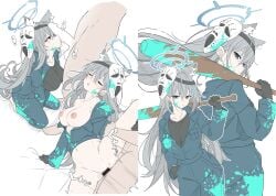 1girl absurdres airi_(blue_archive) airi_(blue_archive)_(cosplay) airi_(halloween)_(blue_archive) animal_ear_fluff animal_ears bar_censor baseball_bat black_gloves black_jumpsuit black_shirt blue_archive breasts censored closed_eyes commentary cosplay cross cross_hair_ornament earrings extra_ears fellatio floating_hair gloves grey_eyes grey_hair grey_halo hair_intakes hair_ornament halo highres hockey_mask holding holding_baseball_bat inverted_cross jewelry jumpsuit long_hair long_sleeves looking_at_viewer mask mask_on_head medium_breasts mismatched_pupils motion_lines multiple_views nipples oral paint_splatter sex shiroko_terror_(blue_archive) shirt simple_background stud_earrings t1kosewad untranslatable_commentary very_long_hair white_background wolf_ears wolf_girl