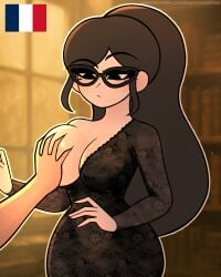 countryhumans france_(countryhumans) france_(what_if_animation) french_female french_flag glasses large_breasts librarian library patreon touching_breast unseen_male_face what_if_animation(artist)