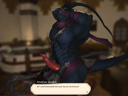 1boy 2015 amalj'aa anthro biceps big_penis black_scales blush caught clothing dialogue english_text fangs final_fantasy final_fantasy_xiv genital_piercing hand_behind_head loincloth male male_only muscles pecs penis penis_piercing piercing poking_out polearm red_eyes red_penis reptile scalie scar scarf side_view solo staff tendrils text video_games weapon zomacaius