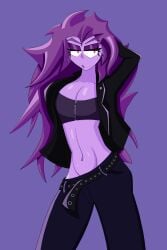 crop_top leather_jacket midriff purple_hair purple_skin risky_boots shantae