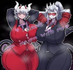 2girls alternate_version_available arms_behind_head arms_up ass ass_bigger_than_head beelzebub_(helltaker) big_ass big_breasts big_butt black_background breasts breasts_bigger_than_head bubble_butt clothing curvaceous curvy curvy_figure demon demon_girl demon_horns demon_tail earrings english_text female female_only fully_clothed happykon helltaker horns huge_ass huge_breasts long_hair looking_at_viewer loremaster_(helltaker) musk musk_clouds red_eyes seductive seductive_look seductive_smile steam steaming_body tail text thick_thighs visor voluptuous voluptuous_female white_hair wide_hips
