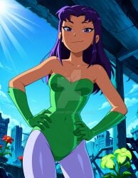 2025 ai_generated batman_(series) blackfire cartoon_network cosplay cosplayer dc dc_comics dc_super_hero_girls dcau deviantart elryusam evil_grin evil_smile green_gloves grinning_at_viewer looking_at_viewer meta not_porn orange_body orange_skin poison_ivy poison_ivy_(cosplay) purple_eyebrows purple_eyes purple_hair_female red_cheeks smile_at_viewer smiling_at_viewer teen_titans