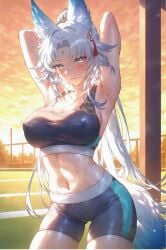 absurd_res ai_generated animal_ear_fluff animal_ears aqua_eyes armpits arms_behind_head arms_up ass_visible_through_thighs bare_arms bare_shoulders bike_shorts black_shorts black_sports_bra blue_eyes blue_shorts blue_sports_bra blush breasts cleavage closed_mouth cloud collarbone contrapposto covered_nipples cowboy_shot crop_top dusk evening facial_mark feixiao_(honkai:_star_rail) female forehead_jewel forehead_mark fox_ears fox_girl fox_tail gradient_eyes gradient_sky green_eyes gym_shorts hair_intakes hair_ornament high_ponytail honkai:_star_rail honkai_(series) hoyoverse large_breasts letterboxed light_particles linea_alba lips long_hair looking_at_viewer midriff mihoyo ministro mole mole_under_eye multicolored_eyes navel orange_sky outdoors parted_bangs parted_lips ponytail presenting_armpit short_shorts shorts sidelocks skindentation sky smile solo sports_bra sportswear standing stomach stretching sunlight sunset sweat tail tassel tassel_hair_ornament taut_clothes thighs track_and_field twilight two-tone_sports_bra very_long_hair wet white_hair yellow_sky yoga_pants