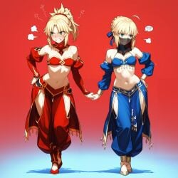 2025 2girls ahoge ai_generated angry artoria_pendragon belly_dancer belly_dancer_outfit blonde_hair blue_ribbon blush fate/stay_night fate_(series) female green_eyes holding_hands illustrious_(stable_diffusion) kxy mordred_(fate) ponytail red_ribbon saber simple_background upscaled walking