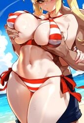 1boy 1girls ai_female ai_generated beach big_breasts blonde_hair breasts fate/grand_order fate_(series) female female_focus green_eyes groping_breasts groping_from_behind hips huge_breasts large_breasts light-skinned_female male navel nero_claudius_(fate) nero_claudius_(swimsuit_caster) thick_thighs thighs twintails wide_hips