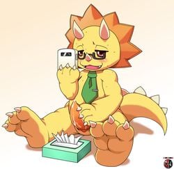 1boy amagi_brilliant_park anthro barefoot blush claws cum cum_on_hand cum_on_penis cute dinosaur erection eyewear furry furry_only genital_slit glasses half-closed_eyes horn kivwolf male male_only masturbation nude on_floor open_mouth orgasm penis phone sharp_claws sharp_teeth sitting smile solo sweat tie toe_claws triceratops triken