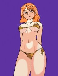 artist_request ass big big_breasts bikini black_eyes breasts clothing female female_only nami_(one_piece) one_piece orange_hair serious thong thong_bikini vagina yellow_bikini